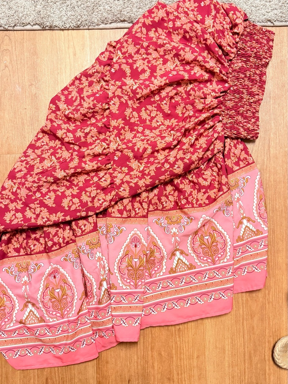 Boho Floral Tiered Maxi Skirt in Rose and Coral